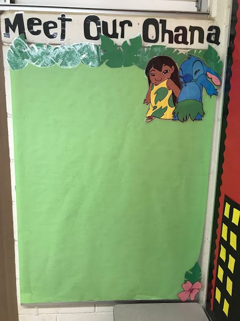 Disney Classroom: Class Bulletin Board (Lilo & Stitch) Disney Themed Elementary Classroom, Preschool Classroom Themes Disney, Diy Disney Classroom Decor, Rugrats Bulletin Board, Marvel Bulletin Board Ideas, Lilo And Stitch Preschool Activities, Ohana Means Family Bulletin Board, Disney Classroom Ideas Bulletin Boards, Family Classroom Board