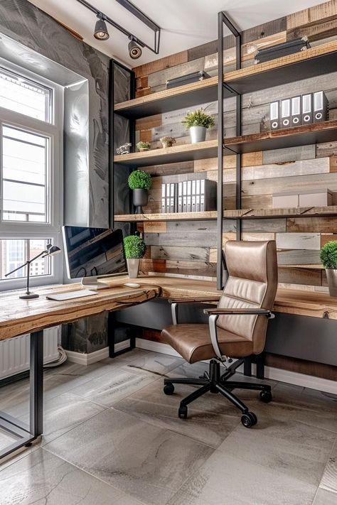 House Converted To Office, Construction Office Interior Design, Office Shelving Ideas, Warehouse Office Design, Office Front Desk, Simple Office Decor, Rustic Office Desk, Built In Desk And Shelves, Construction Office