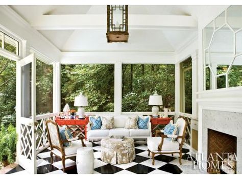 Chinoiserie Chic: A Chinoiserie Porch Screened Porch Designs, Clad Home, House Backyard, Atlanta Homes, House With Porch, Up House, Porch Design, Screened In Porch, Screened Porch