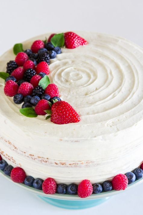 This Chantilly berry cake recipe loaded with 4 different berries, sweet mascarpone cream cheese frosting, and 4 fluffy vanilla cake layers. #berrycake #chantillycake #whitecake #chantilly frosting Mixedberrycake Chantilly Cake Recipe, Berry Cake Recipe, Berry Chantilly Cake, Fluffy Vanilla Cake, Chantilly Cake, Fruit Birthday Cake, Lemon And Coconut Cake, Fresh Fruit Cake, Seventeenth Birthday