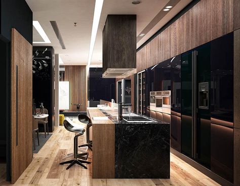 Pros and Cons of Black Kitchen Cabinets - Designing Idea Two Tone Kitchen Cabinets Color Combinations, Black Gloss Kitchen, Blonde Flooring, Black Quartz Countertops, Black Kitchen Cabinet, Kitchen Cabinets Color Combination, Two Tone Kitchen Cabinets, Light Kitchen Cabinets, Kitchen Design Styles