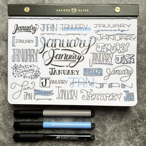 Ways To Write January, Bullet Journal Front Page, Different Ways To Write, January Lettering, Lettering Examples, Bullet Journal Lettering, January Writing, Fun Lettering, Bullet Journal Titles