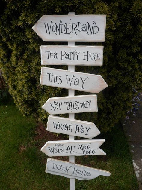 Fairy tale & Storybook signpost signs School reading corner  Wedding signpost Sign Alice in Wonderland, we're all mad here , this way.... that way signpost #ALICEINWONDERLANDFAIRYTALESIGNPOST School Reading Corner, Alice In Wonderland Garden, Deco Disney, Alice In Wonderland Decorations, Alice In Wonderland Tea Party Birthday, Custom Wedding Decor, Garden Party Theme, Alice In Wonderland Aesthetic, Alice In Wonderland Wedding