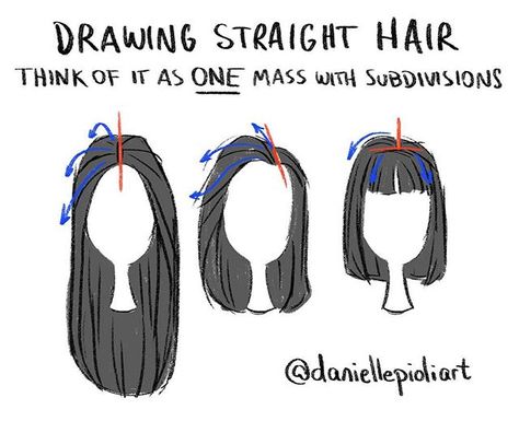 Quick Tip Monday - drawing straight hair.  Think of it as one mass with subdivisions. Choose where the hair will be parted (red) and subdivide it (blue) following the flow of the chosen hairstyle.  Much harder to talk about how to draw hair than to actually draw it! Haha For weekly tips, sign up: daniellepioli.com Drawing Straight Hair, Tapeta Harry Potter, Couple Drawing, Drawing Hair, 얼굴 그리기, Poses References, Wow Art, Hair Reference, Hair Tutorials