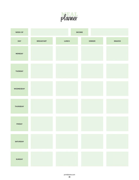 A free printable meal planner with sections for each day of the week, including spaces for breakfast, lunch, dinner, snacks, and income tracking. Meal Plan Template Printable Free, Meal Prep Chart, Free Printable Grocery List Templates, Meal Planning Printable Templates, Printable Grocery List Template, Grocery List Printable Free, Meal Plan Template, Minimal Layout, Meal Planner Printable Free