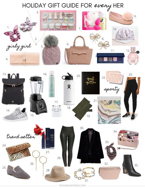 Sarah starts her 2019 Holiday gift guide series with gifts for every kind of her: girly girls, sporty, trendsetters, travelers, boss babes, and homebodies! Gift Guide For Her 2022, Girly Christmas Gift Ideas, It Girl Gift Guide, Top Gifts For Women 2022, Christmas 2023 Gifts, Gifts For Girl Friends, Gifts For Her 2022, Trendy Gifts For Women, Birthday 11