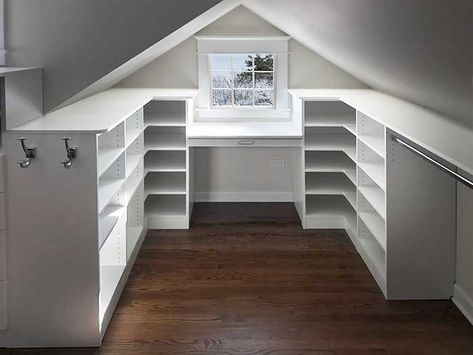 sloped ceiling closet design Attic Wardrobe Ideas Sloped Ceiling, Dormer Closet, Attic Closet Ideas Angled Ceilings, Dressing Angle, Attic Bedroom Ideas Angled Ceilings, Slanted Ceiling Closet, Sloped Ceiling Closet, Attic Closet Ideas, House Attic