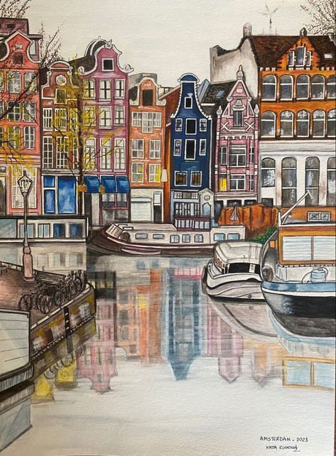 Amsterdam Watercolor Painting, Watercolor Amsterdam, Amsterdam Sketch, Amsterdam Drawing, Amsterdam Illustration, Amsterdam Watercolor, Amsterdam Painting, Amsterdam Architecture, Amsterdam Art