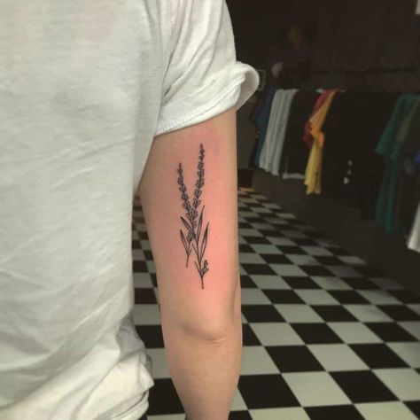 Botanical Lavender Tattoo, Lavender Tattoo Aesthetic, Lavender Tattoo Back Of Arm, Two Piece Tattoos, Lavender Tattoo Queer, Lavender Tattoo Men, Black And Grey Lavender Tattoo, Lavender Tattoo Placement, Buried A Hatchet Its Coming Up Lavender Tattoo