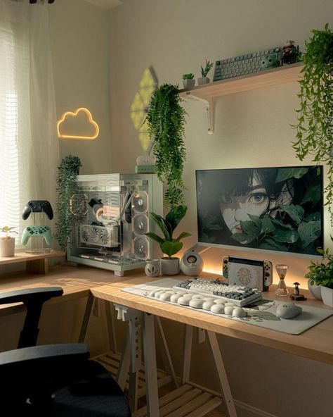 Small Bedroom With Pc Setup, Gamer Office Decor, Gaming Plant Room, Desk Setup Led Light, Rgb Pc Setup, Room Decor Ideas Gaming, Forest Green Gaming Setup, Dual Computer Setup, Workspace Aesthetic Desk