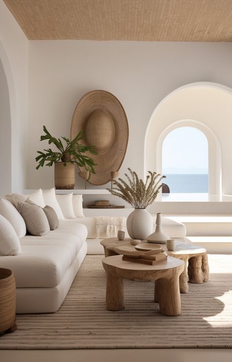 Step into serenity with this modern, Mediterranean-inspired living area. Revel in the raw materials, layered textures, and minimalist design. The wooden coffee table beautifully complements the pristine white couches, all set against a soothing beige backdrop. #SustainableDesign #MinimalistInteriors Mediterranean Interior Apartment, Medditeranean Style Interior, Modern Beach Apartment Interior Design, Mediterranean Living Room Inspiration, Mykonian Architecture, Mediterranean Beach House Decor, White Mediterranean House, Mediterranean Mood Board, Mediterranean Table Setting