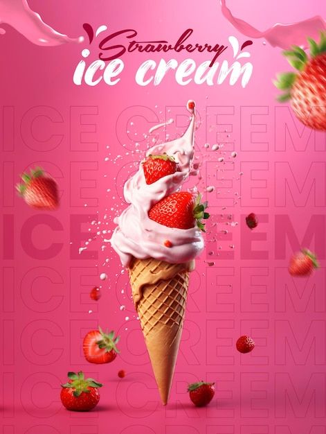 Strawberry ice cream cones social media ... | Premium Psd #Freepik #psd #3d-post #mockup-post #instagram-post #social-template Ice Cream Ads Design, Ice Cream Ads Creative, Ice Cream Creative Ads, Ice Cream Advertisement, Ice Cream Ads, Ice Cream Mockup, Ice Cream Creative, Ice Cream Social Media, Mini Cream Puff