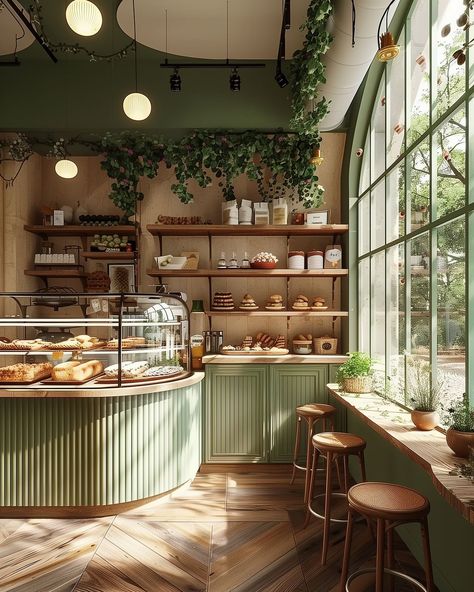 Bakery Island Display, Pastry Restaurant Design, Coffee Shop Library Aesthetic, Bistro Cafe Ideas, French Shop Interior, Vintage Italian Coffee Shop, Sage Green Bakery Interior, New York Coffee Shop Interior, Open Concept Coffee Shop