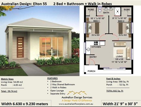 Granny Flat Plans, Flat House Design, Flat Plan, House Plans For Sale, Flat House, Casa Loft, Small Tiny House, Two Bedroom House, 2 Bedroom House Plans