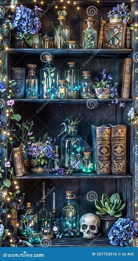 A bewitching apothecary shelf filled with glowing potion bottles, herbs, books, and flowers. Perfect for Halloween, fantasy decor, and witchy aesthetics Old Bottles Decor, Witch Apothecary Aesthetic, Glowing Potion Bottles, Potion Bottles Aesthetic, Fantasy Apothecary, Potions Aesthetic, Glowing Potion, Potions Shop, Apothecary Shelf