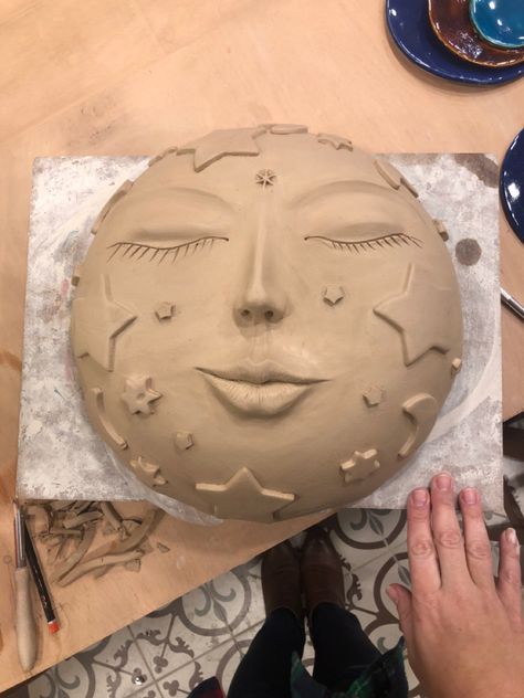 Ceramic Final Project Ideas, Clay Mask Ceramics, Ceramics Mask Ideas, Mask Clay Art, Ceramic Moon Face, Clay Mask Ideas Art Ceramic Sculptures, Ceramic Masks Ideas Faces, Clay Self Portraits, Face Jugs Pottery Cute