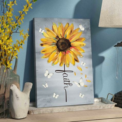 Christian wall art: Faith cross butterfly sunflower wall art canvas Sunflower Canvas Art, Canvas Art Gifts, Butterfly Sunflower, Bible Verse Wall Decor, Sunflower Canvas, Bible Verse Canvas, Faith Cross, Scripture Wall, Art Bible