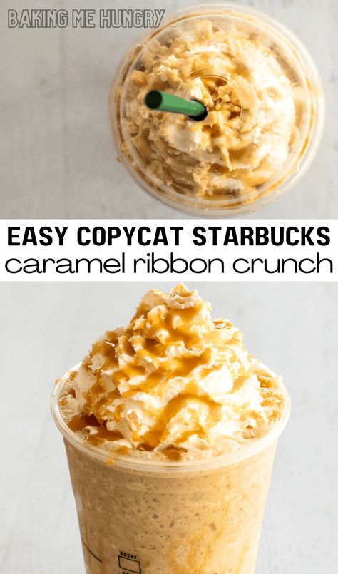 The Starbucks Caramel Ribbon Crunch Recipe takes cold coffee to a whole new level - try this perfect copycat frappuccino today! Starbucks Caramel Crunch Topping, Starbucks Recipes Caramel Ribbon Crunch, Diy Starbucks Caramel Ribbon Crunch, Cold Brew Frappuccino Recipe, Carmel Ribbon Crunch Frappachino Recipe, Copycat Starbucks Caramel Ribbon Crunch, Caramel Ribbon Crunch Recipe, Carmel Ribbon Crunch Recipe, Caramel Ribbon Crunch Starbucks