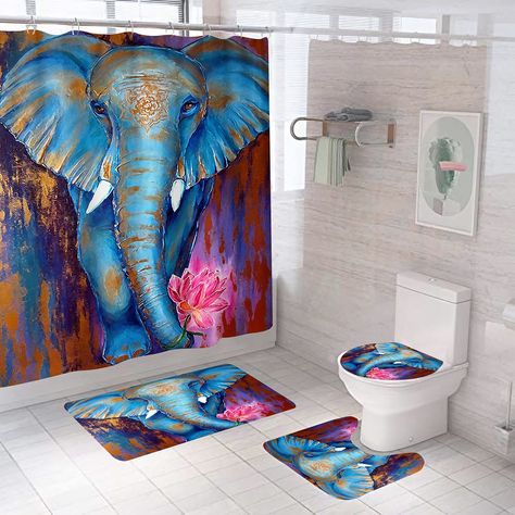 PRICES MAY VARY. 【Good Design】 This Animal Wildlife shower curtain sets has feature vivid colors, crisp lines and delicate hemming.The bath mat is designed to absorb water efficiently to dry your feet ensuring you of a floor that is quickly dry and clean.This shower curtain set is durable enough to hold up multiple machine washes or hand washes and will not easy to drop off. Color will not fade and stay nice after washing it. 【Set Includes】One Piece Shower curtain : 72" × 72" ; One Piece Bathroo Shower Curtain And Mat Set, Bathroom Sets With Shower Curtain And Rugs And Accessories, Bohemian Shower Curtain, Painting Shower, Elephant Shower, Toilet Lid Cover, Shower Curtain Set, African Elephant, Wild Animal