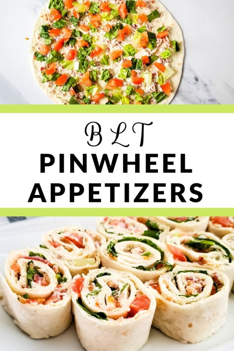 Make BLT Pinwheels for your next party or potluck! These delicious bacon and cream cheese pinwheels are such an easy appetizer recipe. Blt Pinwheels Roll Ups, Cold Pinwheel Recipes, Best Pinwheel Appetizers, Club Pinwheels, Blt Pinwheels, Bacon Pinwheels, Boat Meals, Fancy Apps, Tortilla Rollups