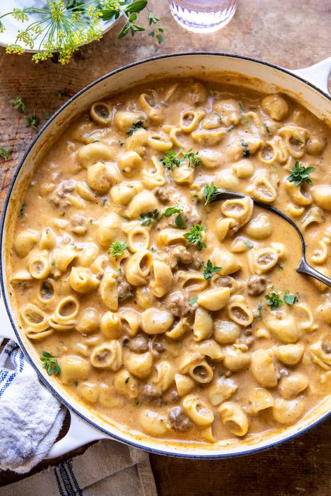 Healthier Homemade One Pot Hamburger Helper | halfbakeharvest.com Ground Beef Hamburger Helper Recipes, Simple Meals With Hamburger Meat, Healthy Hamburger Pasta, Pasta Recipes With Hamburger Meat, Half Homemade Recipes, Salt And Lavender Hamburger Helper, Half Baked Harvest Hamburger Helper, Beef Pasta Healthy, Homemade Philly Cheesesteak Hamburger Helper