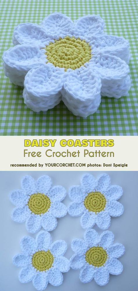 Daisy Granny Square Pattern, Coasters Ideas, Daisy Granny Square, Granny Square Haken, Crochet Coasters Free Pattern, Flower Coasters, Granny Square Pattern, Crochet Coaster Pattern, Crochet Daisy