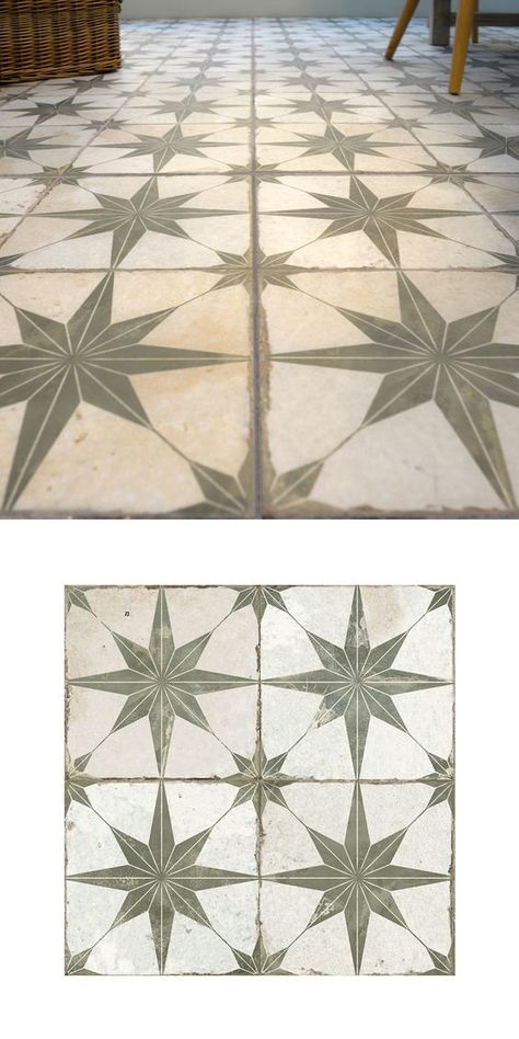 Olive Tiles, Unique Tile Floor, Green Tile Floor, Painted Bathroom Floors, Moroccan Garden, Star Tile, Porch Tile, Tiled Hallway, Retro Tiles