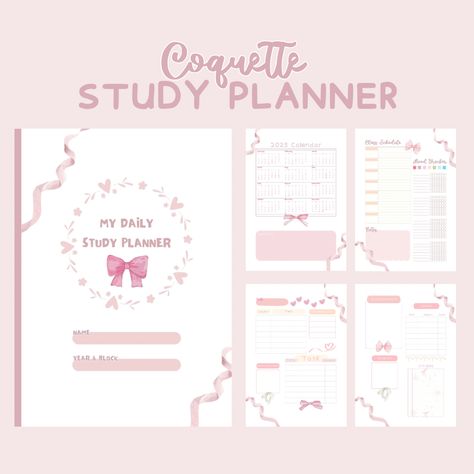 Embrace your inner coquette and conquer your day with this delightful pink study planner.  Designed for the playfully productive, it's the perfect blend of chic and functional, helping you boost your organization and productivity while adding a touch of flirty flair to your study space. 
.#CanvaTemplates #SocialMediaDesign #InstagramIdeas #PinterestTemplates #CreativeCanva Pink Planner Template, Printable Trackers Free, Kawaii Planner Template, Exam Schedule Template, Study Planner Printable Free Student, Notion Kpop, Timetable For Studying At Home, Notion Moodboard, Goodnotes Journal Templates Free