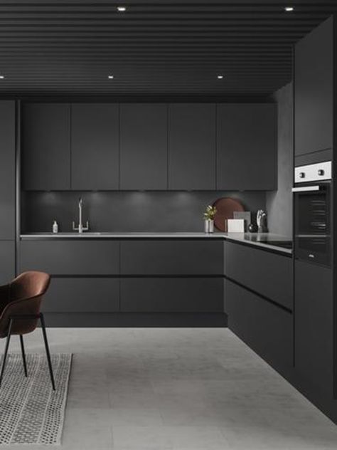 Dramatic Aesthetic, Black Cabinetry, Modern Grey Kitchen, Modern Black Kitchen, Colored Walls, Серая Кухня, Interior Design Minimalist, Handleless Kitchen, Open Plan Kitchen Living Room