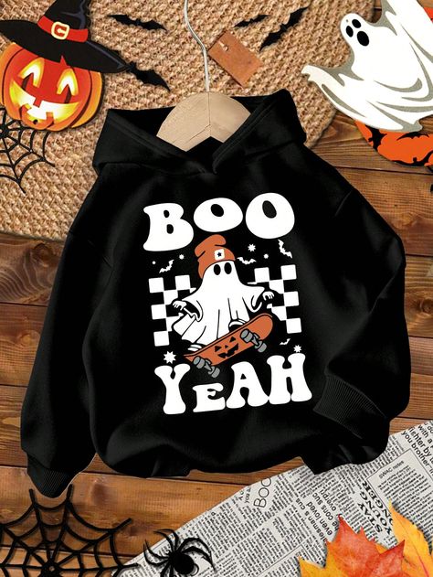 Tween Boy Halloween Costumes, Skateboarding Ghosts, Spooky Sheet Ghosts, "Boo Yeah" Print Tween Boy Casual Loose Fit Pullover Hoodie, Suitable For Autumn & Winter, Sweatshirt Black   Long Sleeve Knitted Fabric Cartoon,Geometric,Halloween,Letter Pullovers Slight Stretch  Tween Boys Clothing, size features are:Bust: ,Length: ,Sleeve Length: Sheet Ghosts, Boy Halloween, Boy Halloween Costumes, Halloween Hoodie, Fantasias Halloween, Printed Sleeveless Top, Boys Sweatshirts, Winter Sweatshirt, Round Neck Sweatshirts