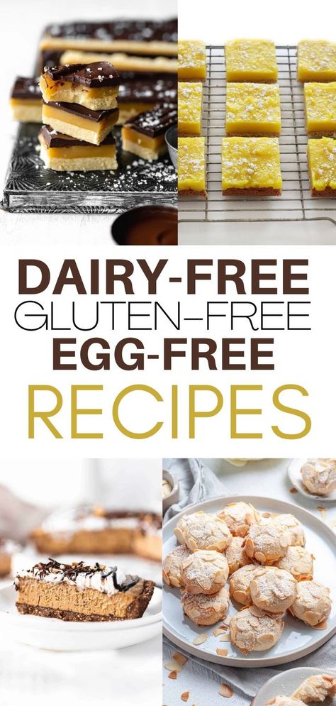 Millionaire bars, dairy-free lemon bars, vegan cookies, vegan pie Gluten Free Egg Free Desserts, Egg Free Snacks, Gluten Free Dinner Ideas, Corn Free Recipes, Egg Free Breakfast, Egg Free Cookies, Dairy Free Recipes Dinner, Allergen Free Recipes, Soy Free Recipes