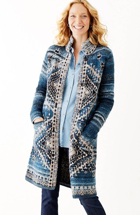 jacquard diamonds topper | J.Jill J Jill Outfits, Retro Suits, Cardigan Style, Jacquard Sweater, Dark Indigo, Long Sleeves Coats, Style Sweater, Embroidered Jacket, Cardigan Fashion