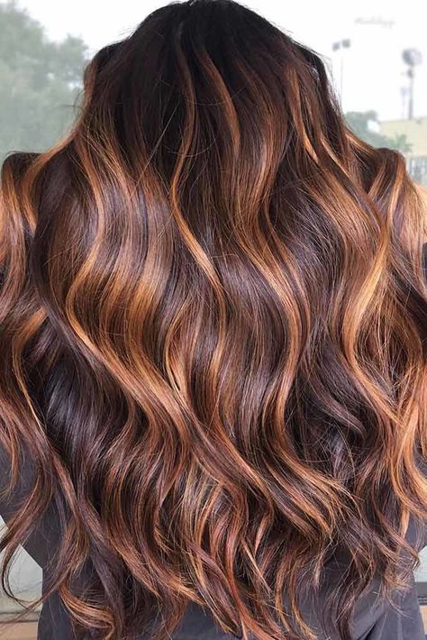 Chocolate Copper #lowlights ❤ If you want to make your hair color deeper, lowlights will be there for you! Check out our post to get to know the difference between highlights and lowlights. Feel free to get inspired by our ideas: rose gold accents for blondes, ash chocolate ideas for dark brown hair, and caramel streaks for brunettes are here! ❤ #lovehairstyles #hair #hairstyles #haircuts Brunette Hair With Light Brown Highlight, Two Color Balayage, Chunky Copper Highlights On Brown Hair, Honey Copper Balayage On Dark Hair, Medium Length Hair With Color, Apple Cinnamon Hair Color, Blonde And Red Highlights On Brown Hair Fall Color Trends, Brunette Balayage Hair Caramel Red, Summer Hairstyles Color