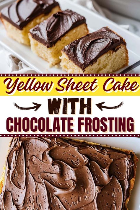 Yellow sheet cake with chocolate frosting is the ultimate comfort treat. Soft, buttery cake meets rich, velvety chocolate for a flavor combo that's simply irresistible! Homemade Yellow Cake And Chocolate Icing, Homemade Yellow Cake Recipes From Scratch, Chocolate Frosting For Yellow Cake, Yellow Cake And Chocolate Frosting, Best Yellow Cake With Chocolate Frosting, Icing For Yellow Cake, Healthy Yellow Cake Recipe, Yellow Sheet Cake Recipe, Yellow Cake Chocolate Frosting