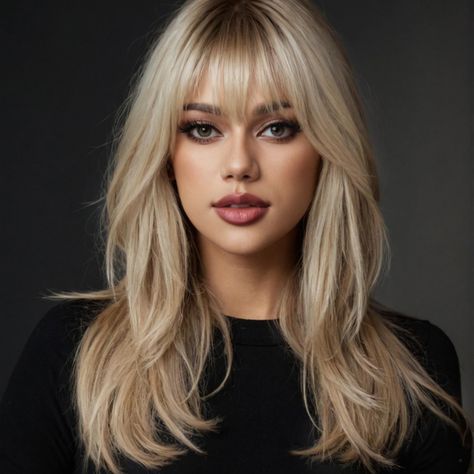 PRICES MAY VARY. 【Premium Material】: Adopt 100% Japanese Kanekalon synthetic fiber,it's not only soft and full,but also natural and bouncy. The hair looks more beautiful.No tangle, no shedding,no strange smell long blonde women's wigs, can be straightened and restyled as your like（150℃/300℉）. 【Style and Benefits】:This long straight layered wig is soft, full, and thick. 22 inches long Wig with bangs is suitable for any face shape. Stylish appearance helps you change your style and become more con White Highlights Blonde Hair, Blonde Wigs On Light Skin, Blonde Hair With Wispy Bangs, Blonde Long Hair With Bangs, Blonde Sew In, Face Framing Layers Long Hair With Bangs, Blonde Hair With Brown Eyes, Curtain Bangs With Long Layers, Blonde Hair Winter