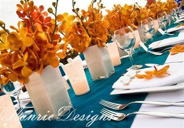 Monric Designs Dark Teal Weddings, Orange Ideas, Teal Wedding Colors, Teal Table, Blue Wedding Decorations, Orange Orchid, Wedding Color Trends, Aqua Wedding, Orange Table