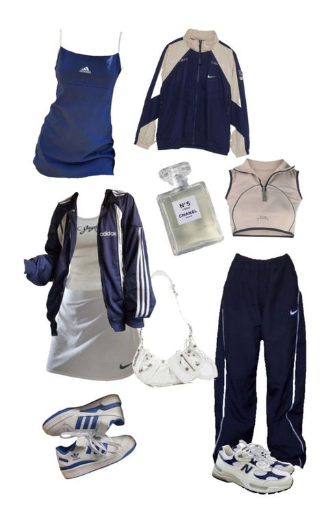 Sporty Blue Outfit, Sporty 2000s Fashion, Sporty Style Aesthetic, Sporty Vintage Outfits, Sporty Clothes Aesthetic, Blue Streetwear Aesthetic, Feminine Sporty Style, Y2k Athletic Outfits, Sporty Y2k Outfits