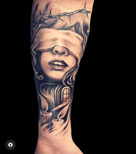 Blindfolded Woman Tattoo, Blindfolded Woman, Girl Face Tattoo, Woman Tattoo, Cool Arm Tattoos, Arm Tattoos, Face Tattoo, Girl Face, Arm Tattoo