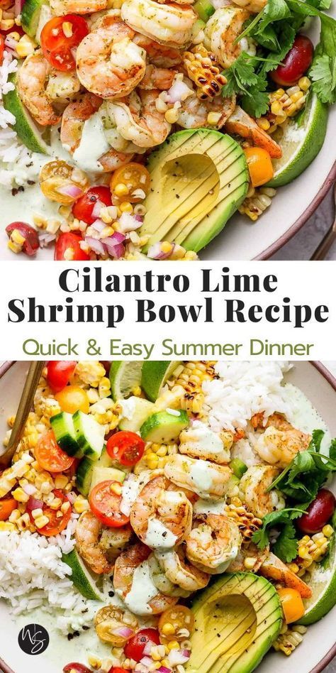 Our fresh Cilantro Lime Shrimp Rice Bowl is the most epic rice bowl that you are going to be loving all summer long! Made with flavorful grilled shrimp, fresh grilled corn salad, avocado, and a homemade cilantro yogurt sauce all served on top of a bed of rice. The perfect rice bowl recipe! Dinner ready in just 35 minutes, making for the perfect weekday meal. This recipe is gluten-free and dairy-free friendly. Fish Bowl Recipe Food, Avocado Shrimp Bowl, Cilantro Lime Rice With Shrimp, Cilantro Rice Bowl, Lemon Shrimp And Rice Recipes, Shrimp Lime Recipes, Tropical Shrimp Rice Bowl, Shrimp And Rice Bowl Recipe, Grilled Shrimp Bowl