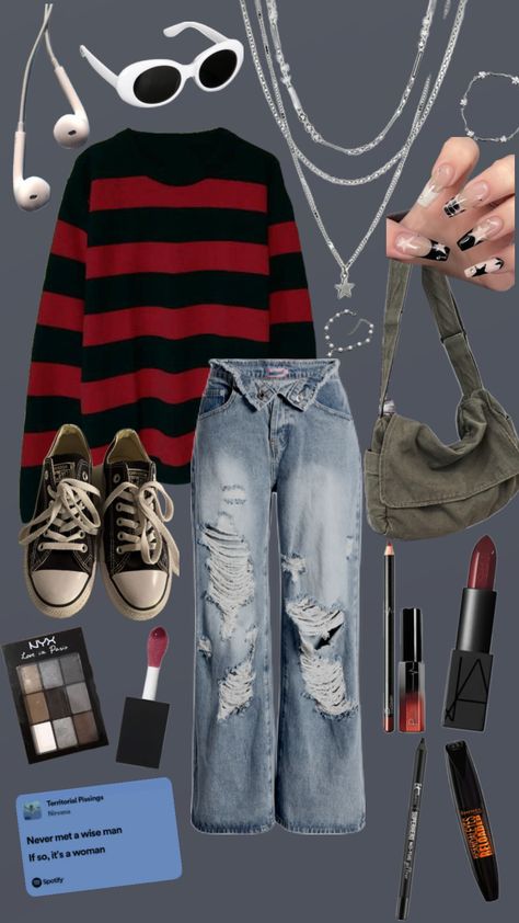 kurt cobain inspired outfit 🖤❤️ #outfit #outfitinspo #kurtcobain #nirvana #grunge #punkrock #makeup #90s #90sgrunge #music #rockstar #ripkurtcobain i’m in desperate need of this entire outfit 90 Grunge Outfits, Nirvana Clothes, 90s Grunge Aesthetic Outfits, Grunge 90s Outfits, Casual Grunge Outfits, Nirvana Outfit, Rockstar Aesthetic Outfits, Kurt Cobain Style, 90s Grunge Outfits