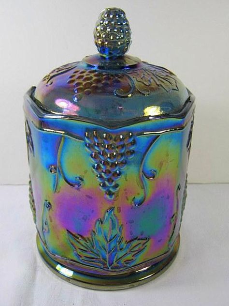 Vintage CARNIVAL GLASS CANISTER Blue Grape Design by LavenderGardenCottage etsy