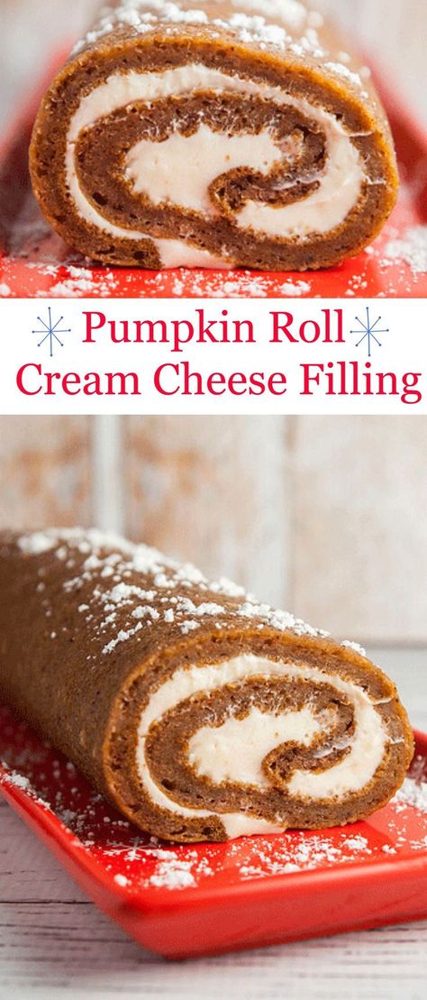 A delicious and moist Pumpkin Roll with cream cheese filling inside. Snack Breads, Homemade Pumpkin Roll, Company Desserts, Roll With Cream Cheese Filling, Pumpkin Roll Recipe, Pumpkin Rolls, Pumpkin Rolls Recipe, Pumpkin Filling, Fall Goodies