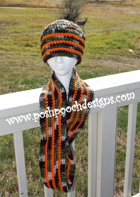 Posh Pooch Designs Dog Clothes: Camo and Orange Hunting Beanie Crochet Pattern Camo Crochet, Camo Yarn, Camo Scarf, Simple Scarf Crochet Pattern, Infinity Scarfs, Beanie Crochet Pattern, Crochet Neck Warmer, Irish Crochet Dress, Beanie Crochet