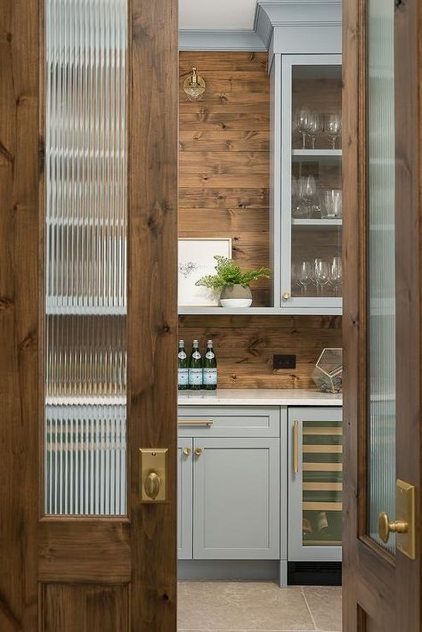 Blue Pantry Cabinets with Wood Plank Backsplash - Transitional - Kitchen Kitchen Pantry Doors, Dining Room Renovation, Glass Pantry Door, Glass Pantry, Reeded Glass, Farmhouse Kitchen Design, Kitchen Farmhouse, Pantry Door, Pantry Design