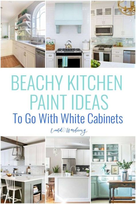 Beach Cottage Kitchens Small, White Kitchen Cabinets Galley, Coastal Kitchen Island Colors, Coastal Kitchens House, Beach Bungalow Kitchen Ideas, Small Coastal Kitchen Design, Coastal Craftsman Kitchen, Coastal Kitchen White Cabinets, Beach House Kitchen Cabinet Colors