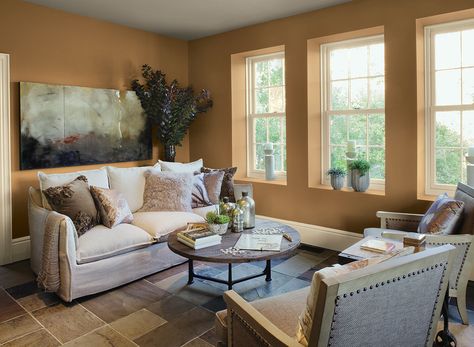 cozy, comfortable living room - etruscan AF-355 (walls), cotswald AF-150 (ceiling), rich cream 2153-60 (trim) Cream And Caramel Living Room, Bedroom Furniture Placement, Living Pequeños, Room Colours, Living Colors, Orange Rooms, Living Room Images, Living Room Orange, Decor Ikea