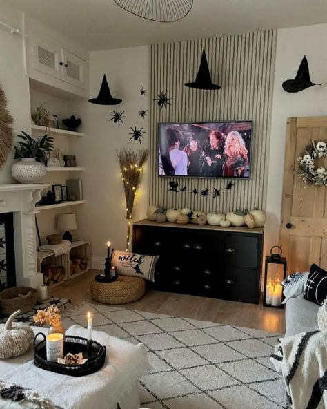 #HalloweenDecor #CozyVibes #SpookySeason #MovieNightDecor #WitchyVibes #PumpkinSeason #LivingRoomStyle #FallDecor #InteriorDesign #HalloweenHome Living Room Movie Night, Room Movie Night, Spooky Movie Night, Halloween Interior, Room Movie, Halloween Living Room, Cozy Halloween, Halloween Movie Night, Spooky Movies