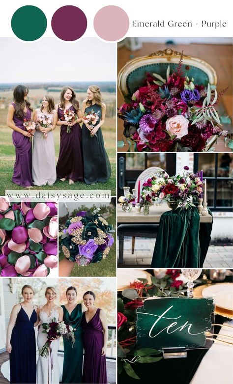 15 Best Emerald Green Wedding Color Schemes for 2024 - Daisy Sage Emerald And Raspberry Wedding, Emerald Green And Purple Bridesmaid Dresses, Emerald Green Purple Wedding, Wedding Color Trend 2024, Dark Green And Purple Bridesmaid Dresses, Green Purple Wedding Colors, Wedding Color Schemes Green And Purple, Emerald Green Wedding Pallet, Plum And Emerald Wedding Colors