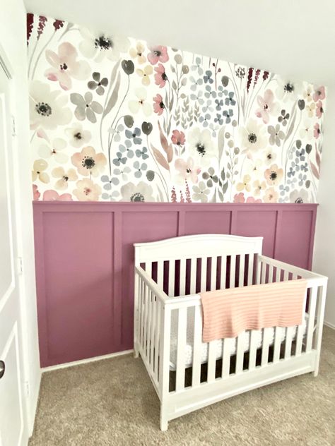 Purple Board And Batten Nursery, Board And Batten Toddler Girl Room, Diy Floral Wall Paint, Board And Batten Wall Girls Room, Toddler Girl Bedroom Accent Wall, Toddler Girl Room Accent Wall, Board And Batten Wall Nursery Girl, Accent Wall Toddler Room, Purple Board And Batten