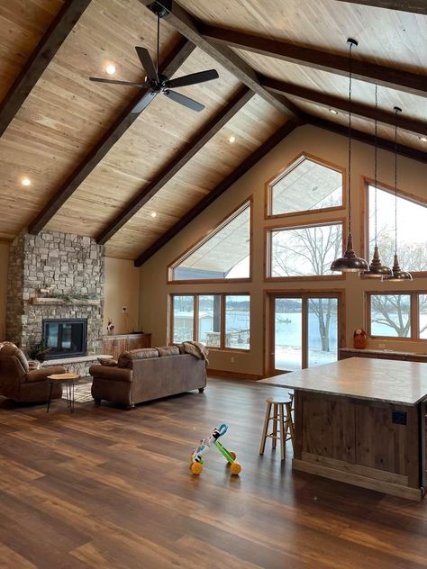 We love how these customers utilized our hardwood shiplap on their lake home ceiling! Beautiful! Lighting In A Vaulted Ceiling, Cedar Ceilings Living Room, Peaked Ceiling Lighting, Wood Stain Ceiling Living Rooms, Rustic Wooden Ceiling, Cabin Ceiling Ideas Wood Planks, Raw Wood Ceiling, Cathedral Ceiling Shiplap, Wood Interior Ceiling